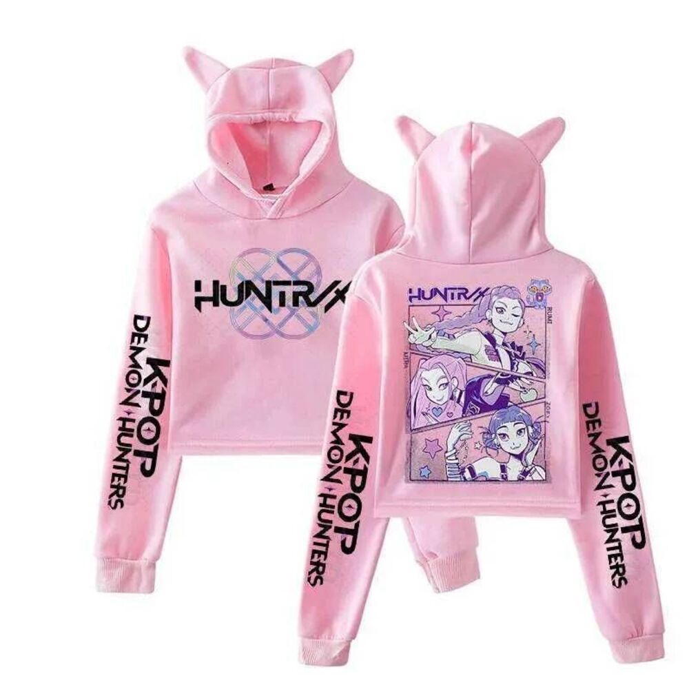Huntrix Kpop Demon Hunters Graphic Hoodie with Cat Ears Crop Top Size M Pink